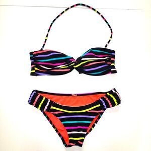 Victoria's Secret Retro Neon Striped Twist Front Bandeau Bikini Set